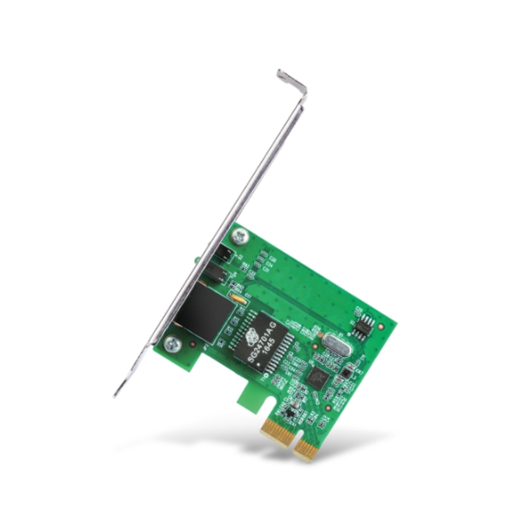 Green computer network adapter card with a small antenna on a white background